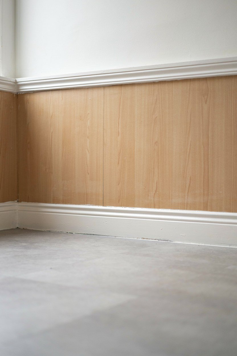 Skirting board running across the base of a bookcase door and cut at the gap