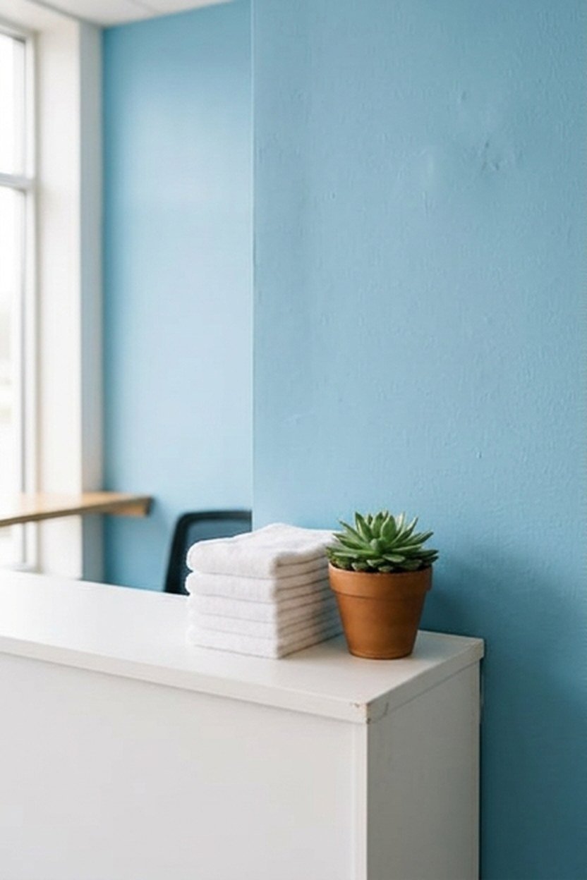A sky blue accent wall behind a lash studio reception desk