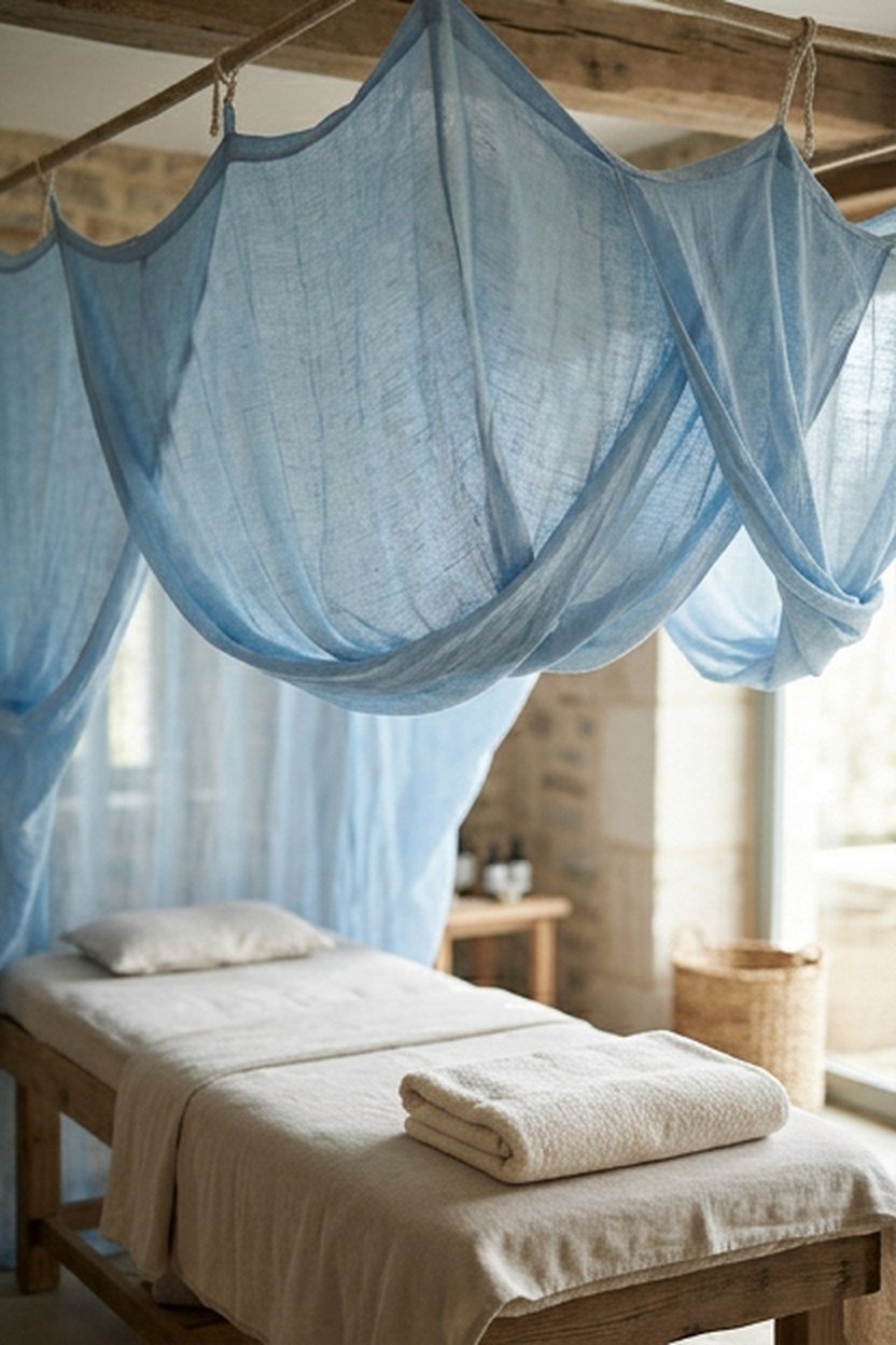 A sky blue fabric canopy above a lash studio treatment bed