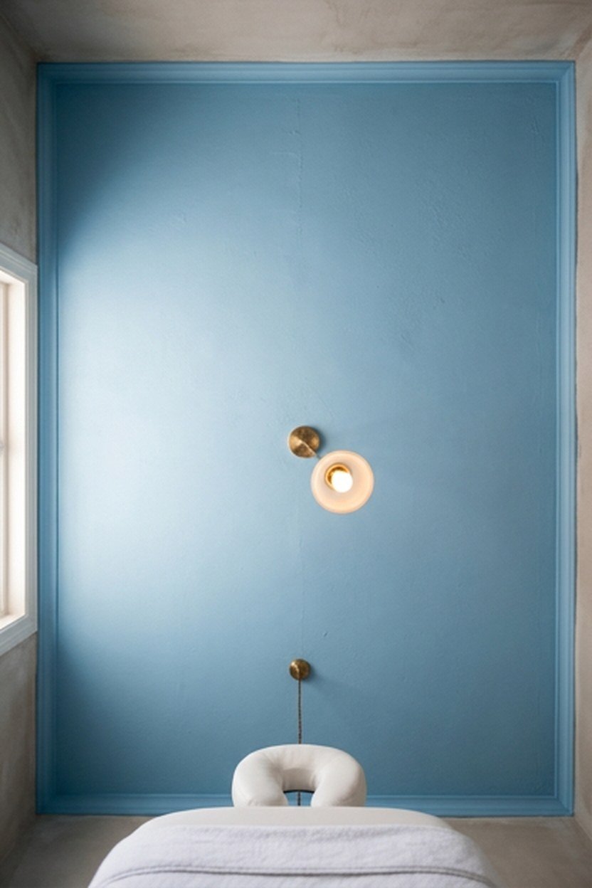 A sky blue painted ceiling above a lash studio treatment bed