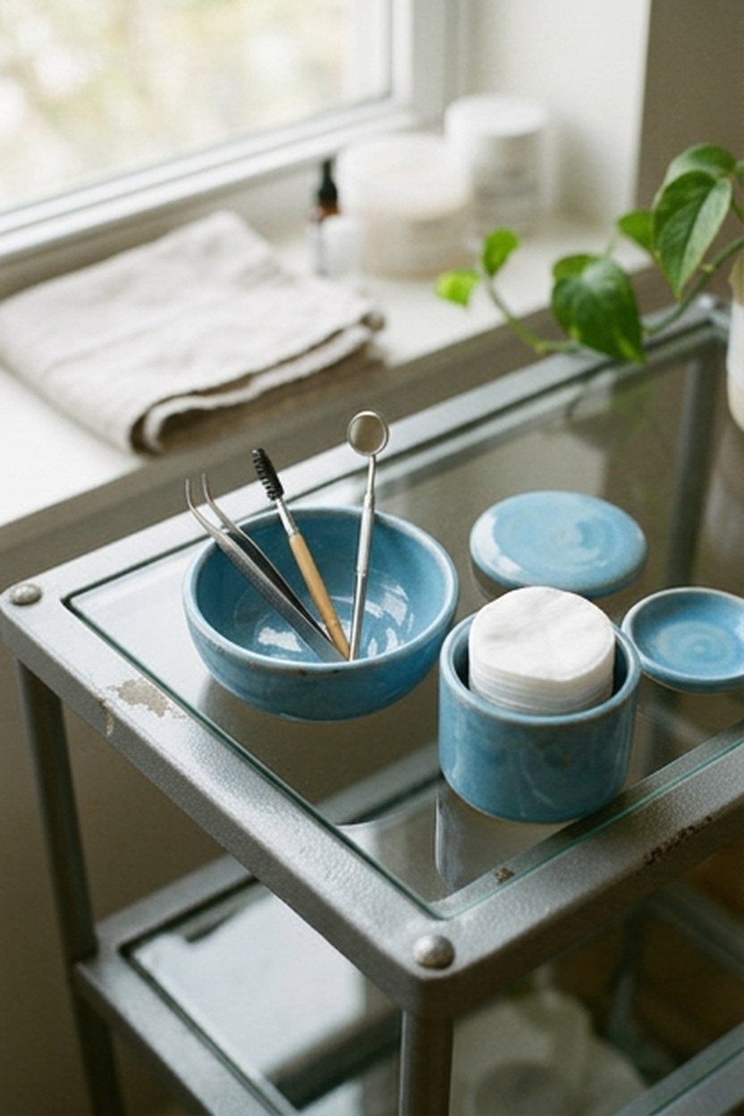 Sky blue ceramic accessories arranged on a lash studio treatment cart