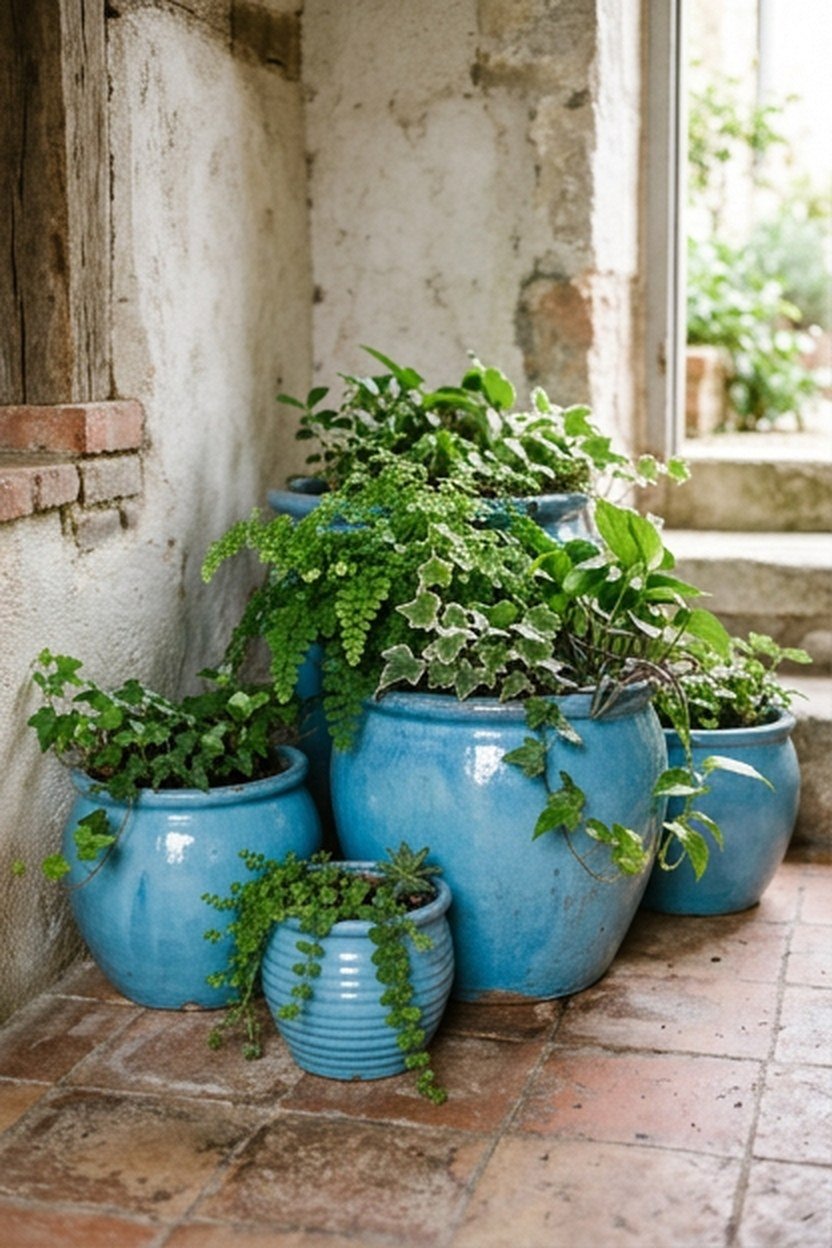 Sky blue ceramic planters with green plants in a patio corner