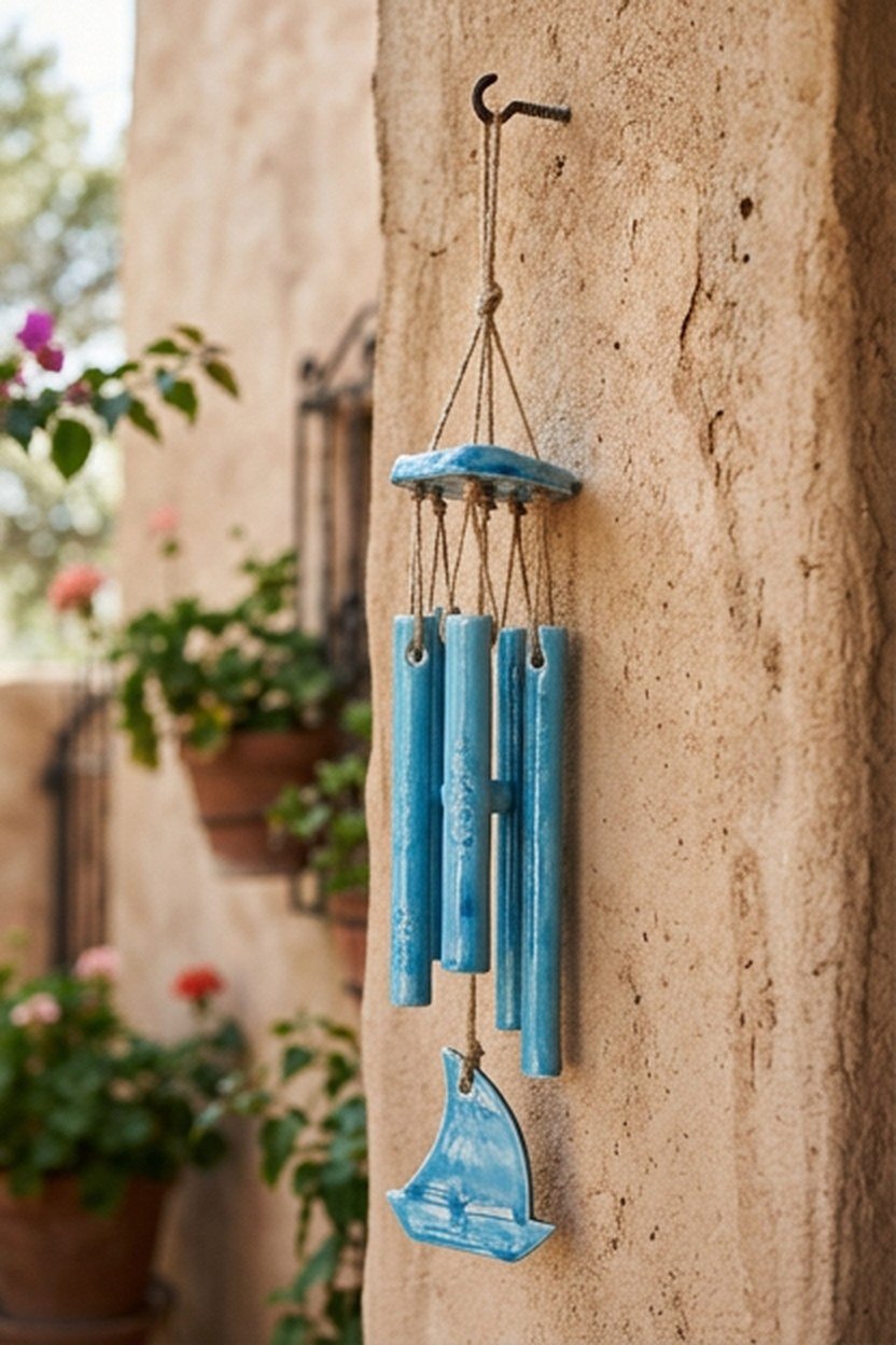Sky blue ceramic wind chimes hanging on a patio wall