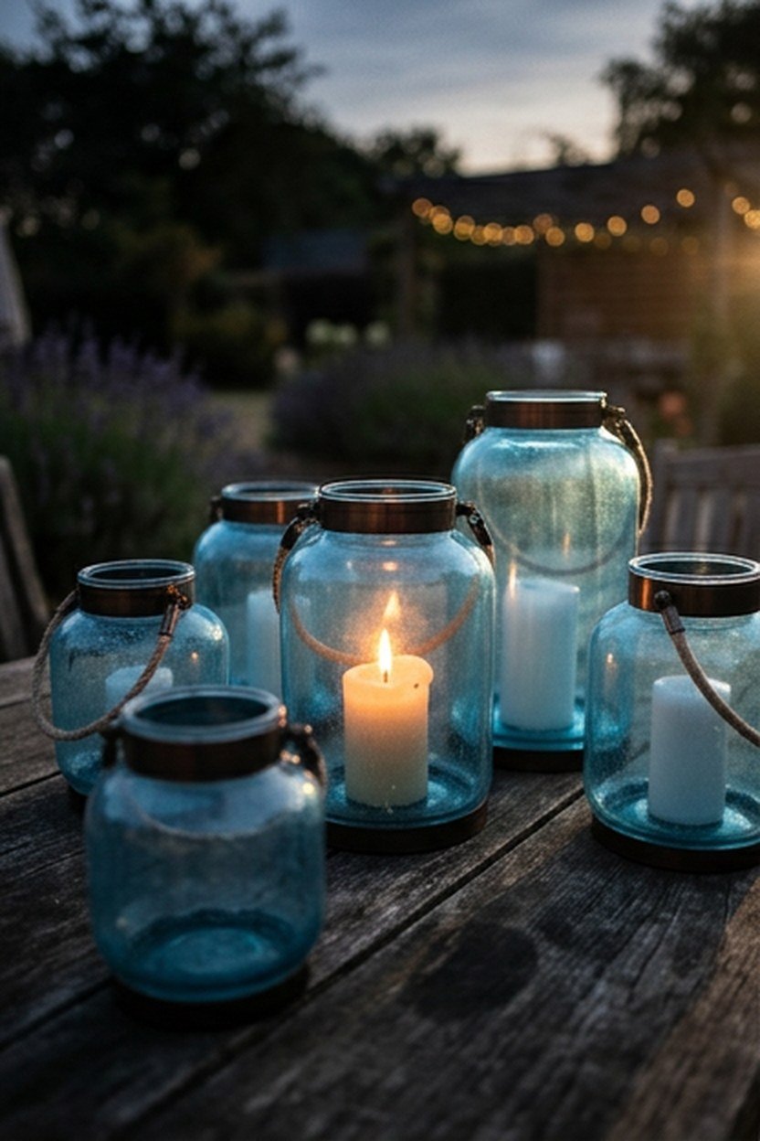 Sky blue glass lanterns grouped on a patio table