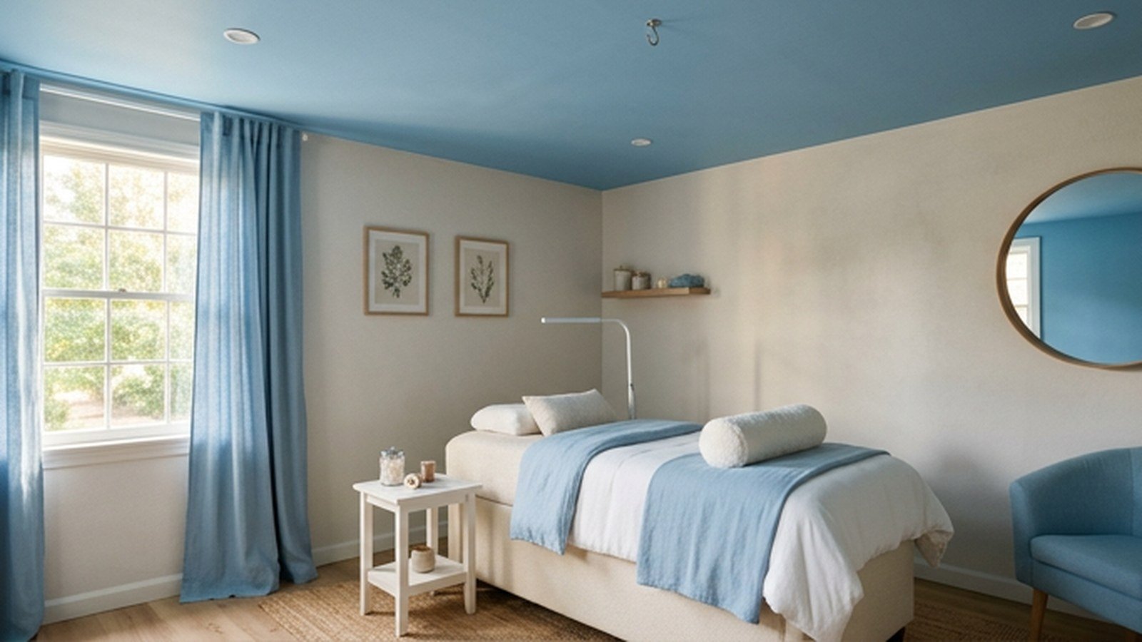 A serene lash studio with a sky blue ceiling and upholstered treatment bed