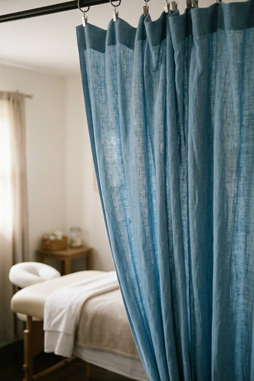 Sky blue linen drapery dividing a lash studio treatment room