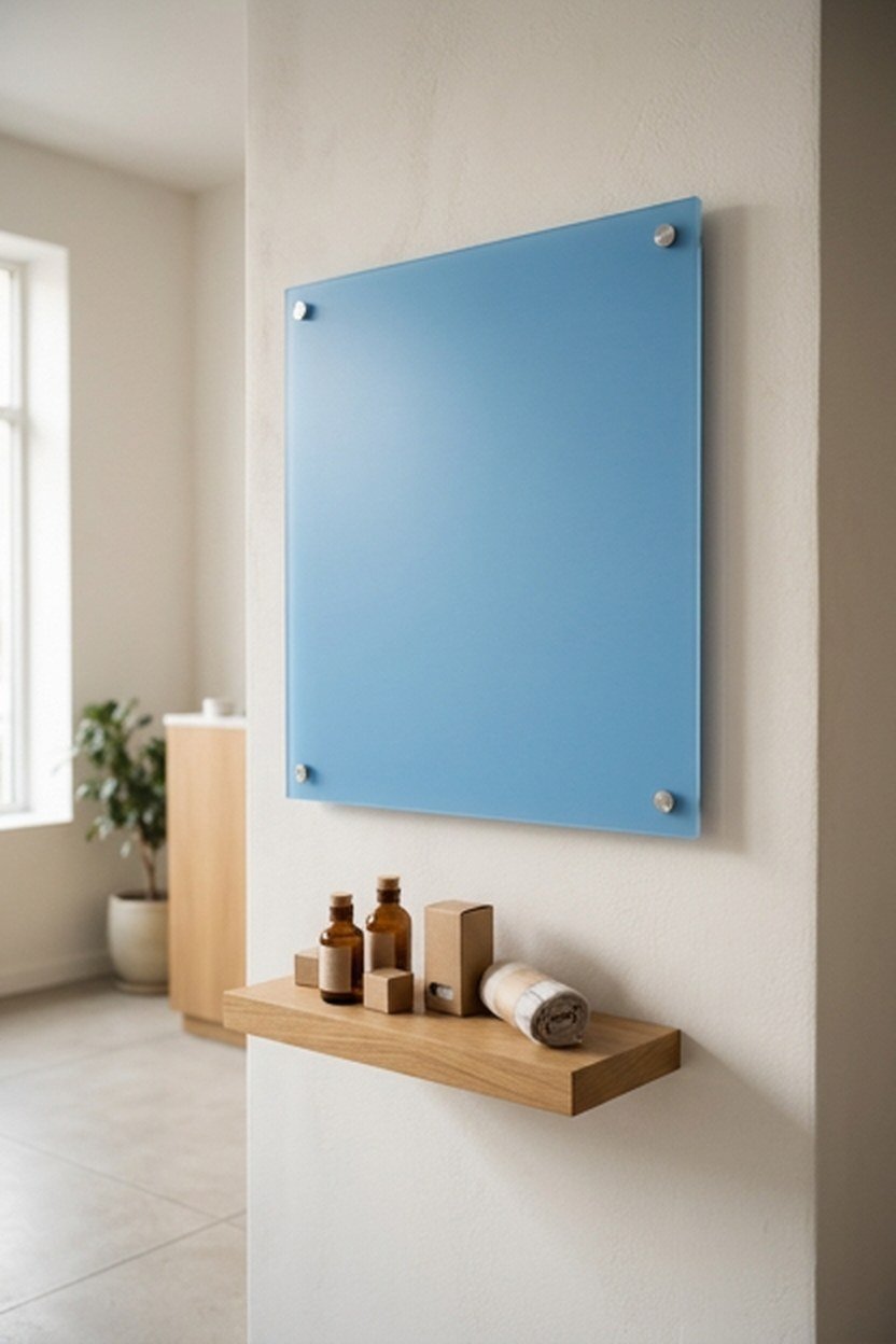 A sky blue service menu board displayed in a lash studio