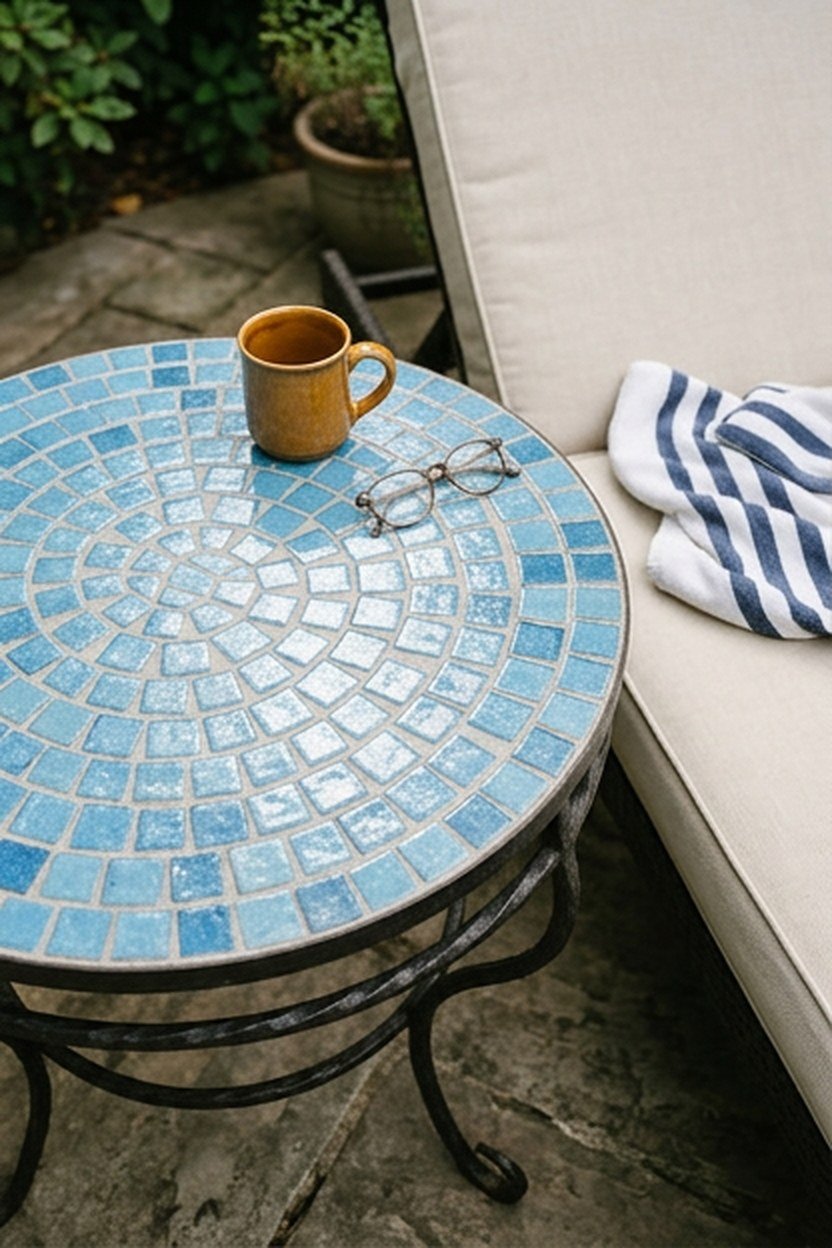 A sky blue mosaic tile accent table beside a patio lounge chair