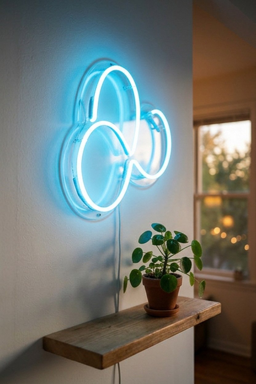 A sky blue neon style sign mounted on a lash studio wall