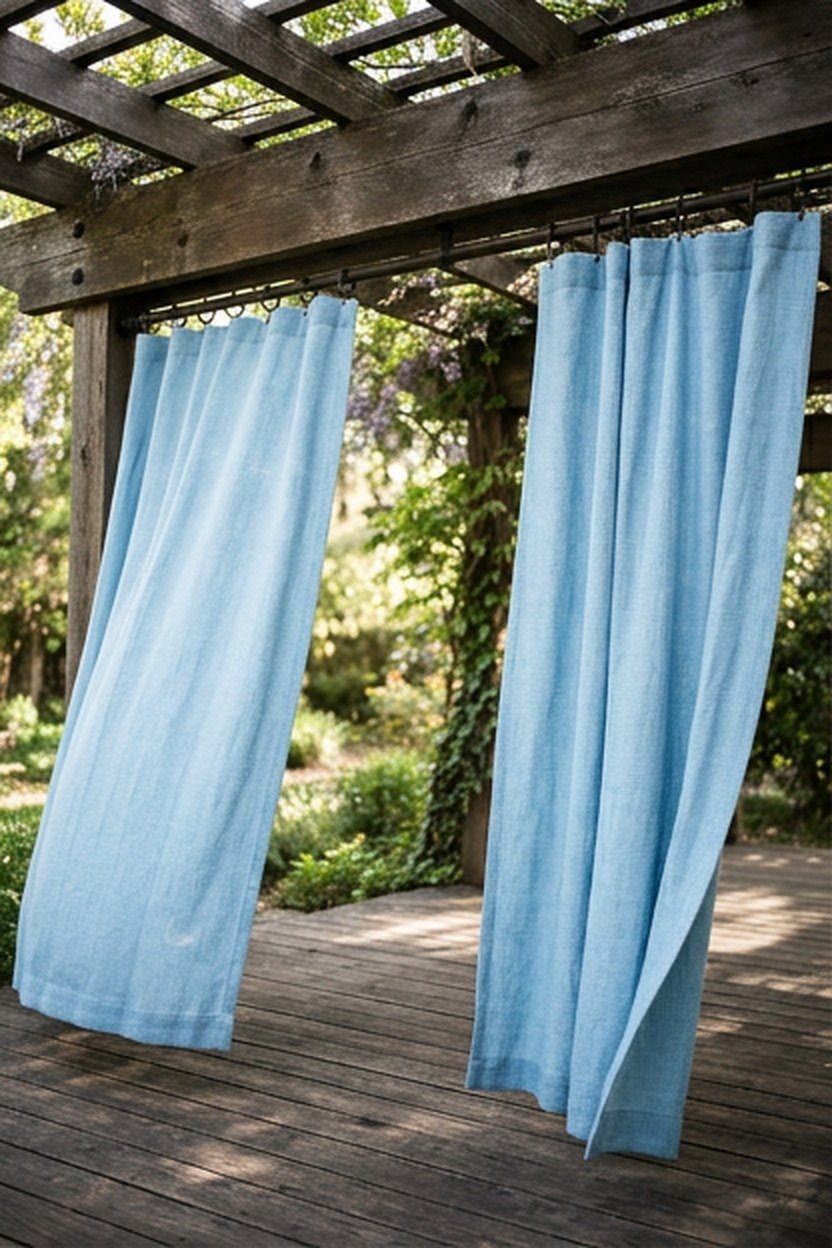 Sky blue outdoor curtains hanging from a pergola for patio privacy