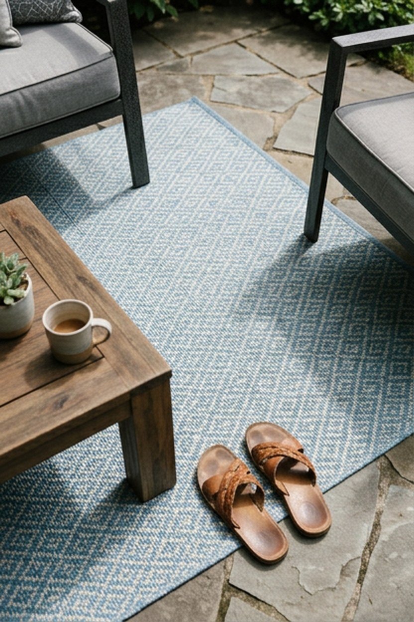 A sky blue outdoor rug beneath a patio seating area