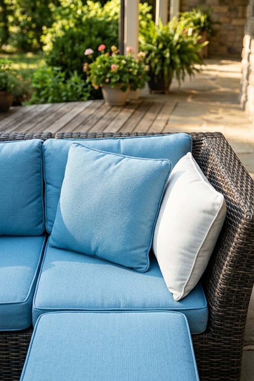 Sky blue outdoor sofa cushions on a patio sectional