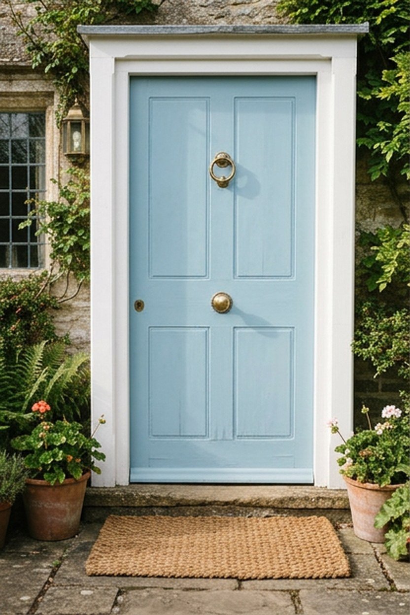 A sky blue painted front door visible from a patio seating area
