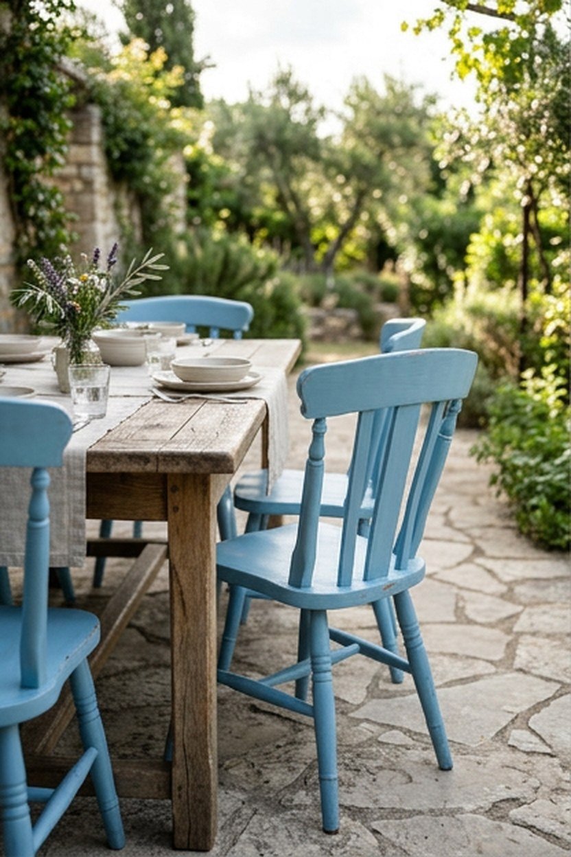 Sky blue painted outdoor dining chairs around a patio table