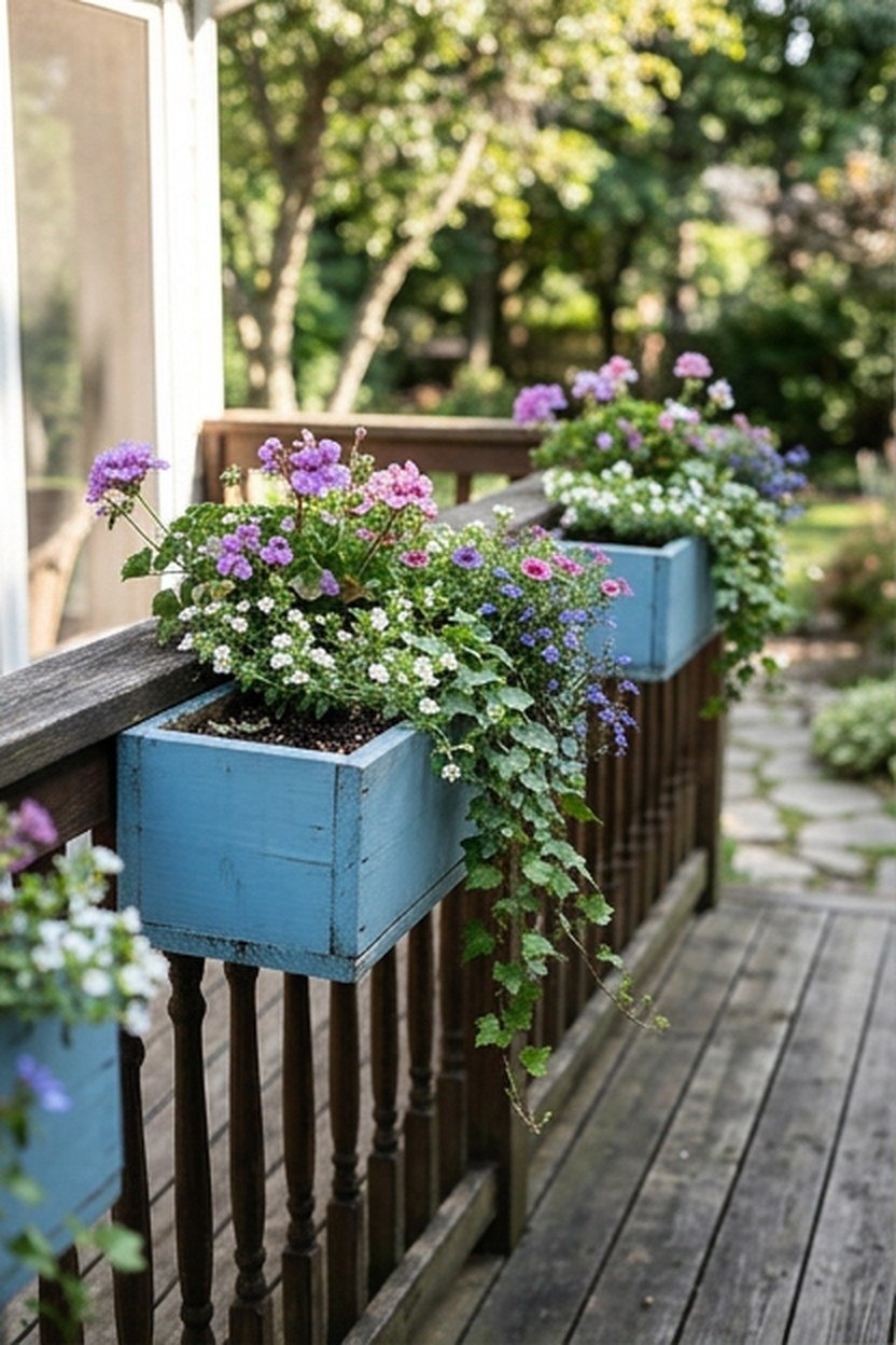 Sky blue painted planter boxes mounted along a patio railing
