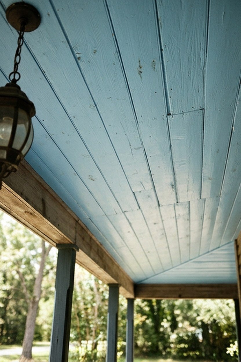 A sky blue painted porch ceiling above a patio seating area