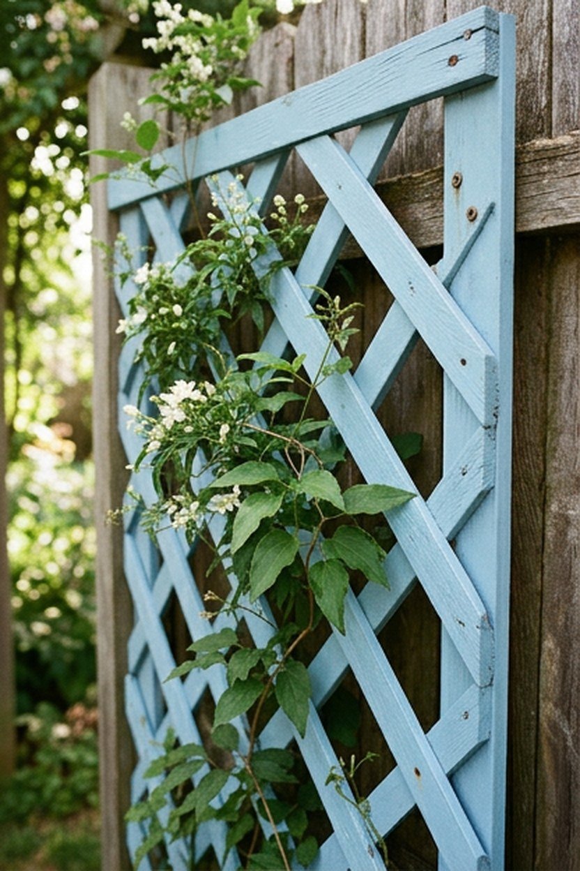 A sky blue painted wood trellis with a climbing vine