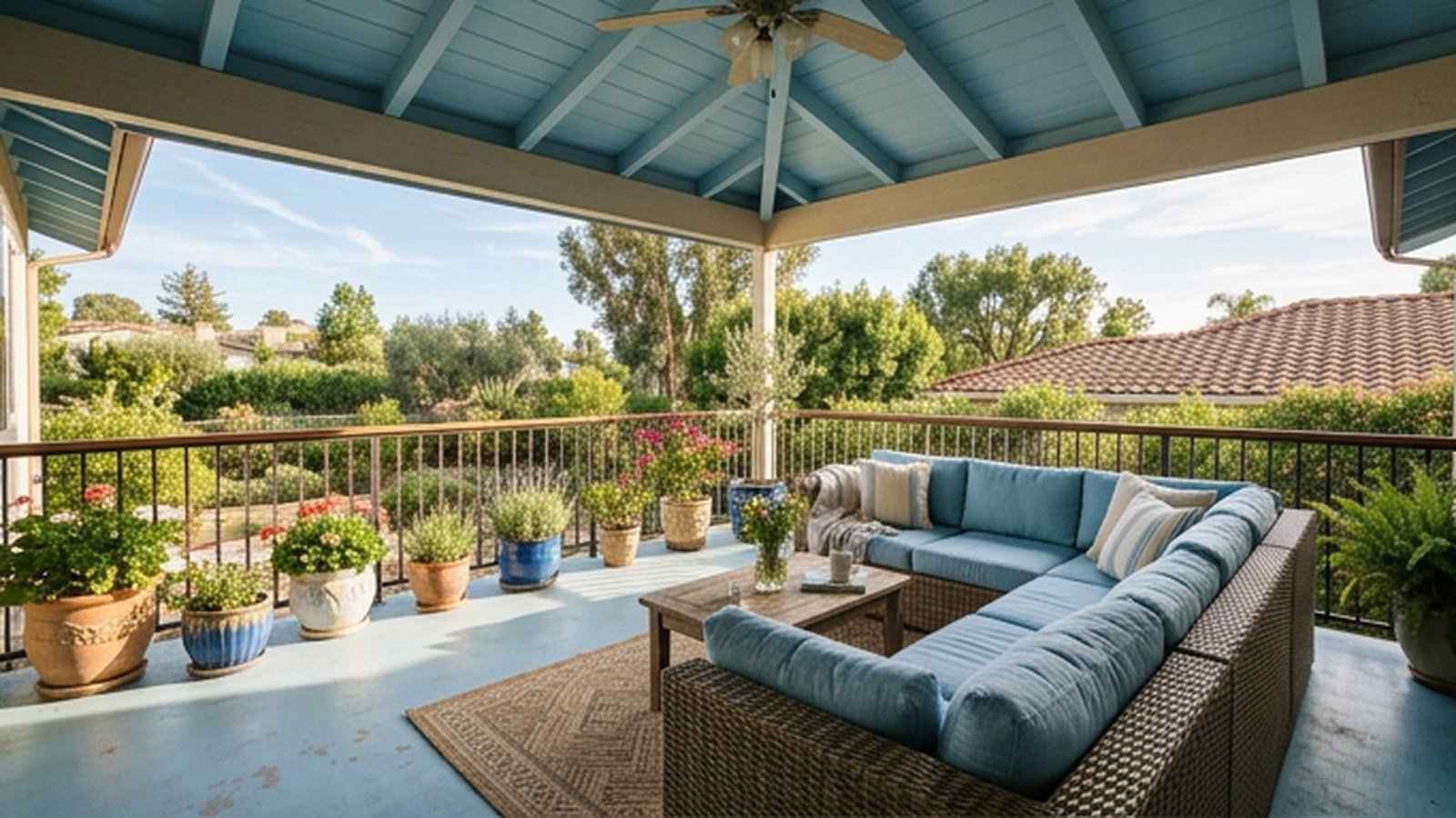 A sky blue patio with a painted ceiling, blue cushions and ceramic planters