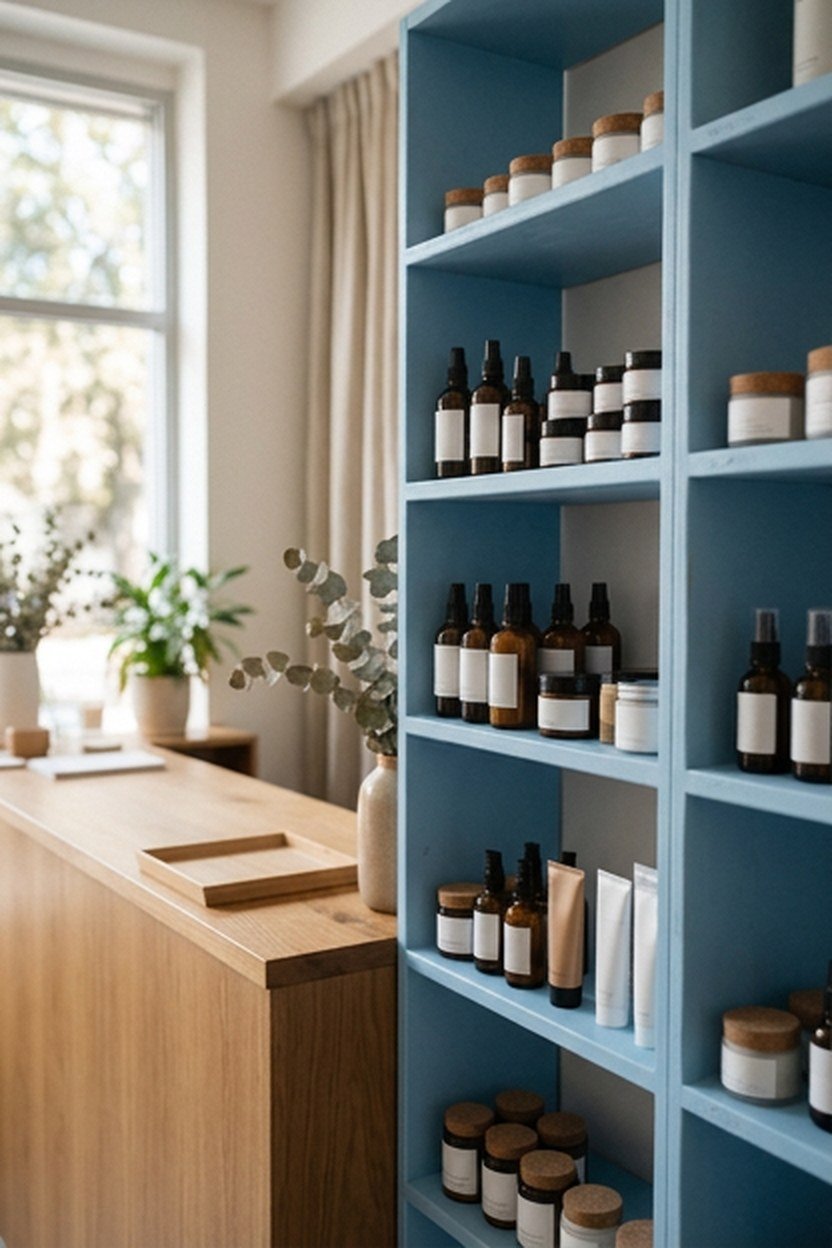 Sky blue retail shelving displaying products in a lash studio