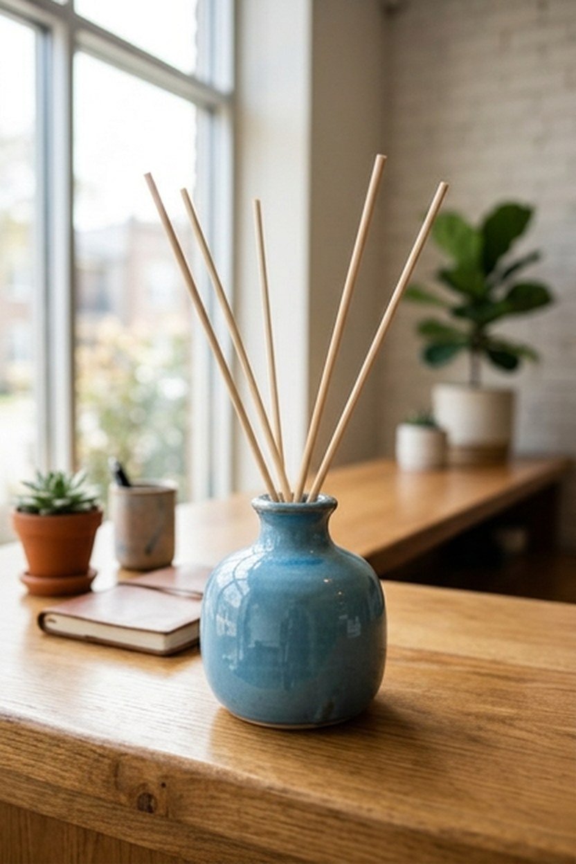 A sky blue ceramic scent diffuser on a lash studio reception counter