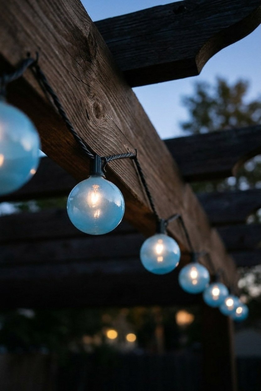 Sky blue globe string lights strung along a pergola beam