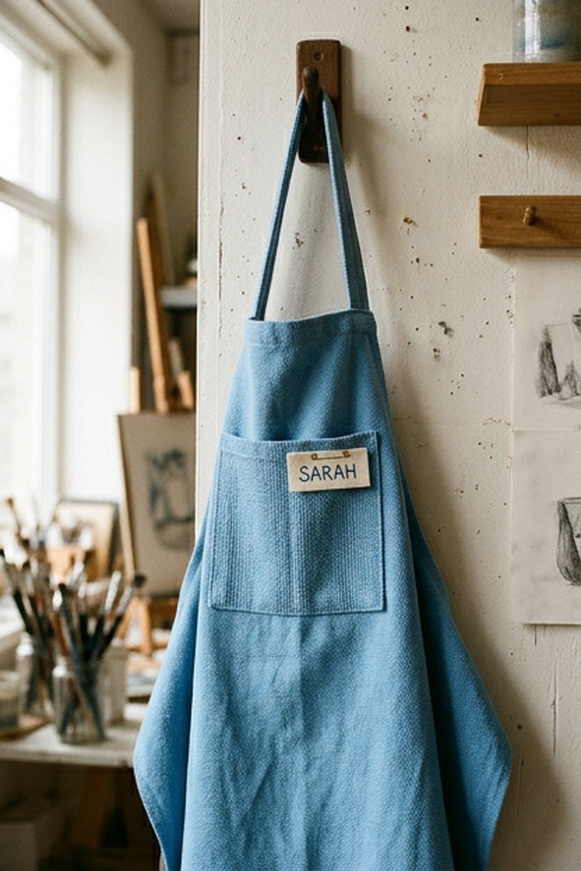 A sky blue apron hanging in a lash studio for technicians