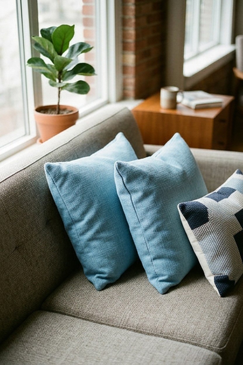 Sky blue throw pillows arranged in a lash studio waiting area