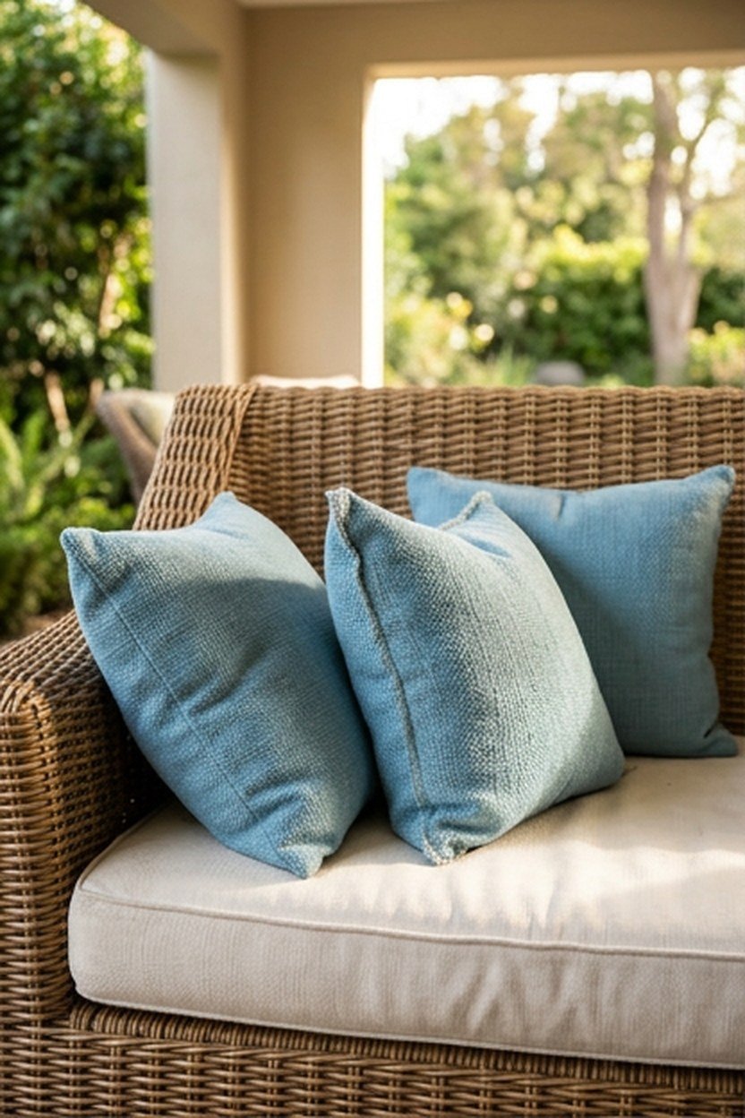 Sky blue throw pillows on a wicker patio sectional
