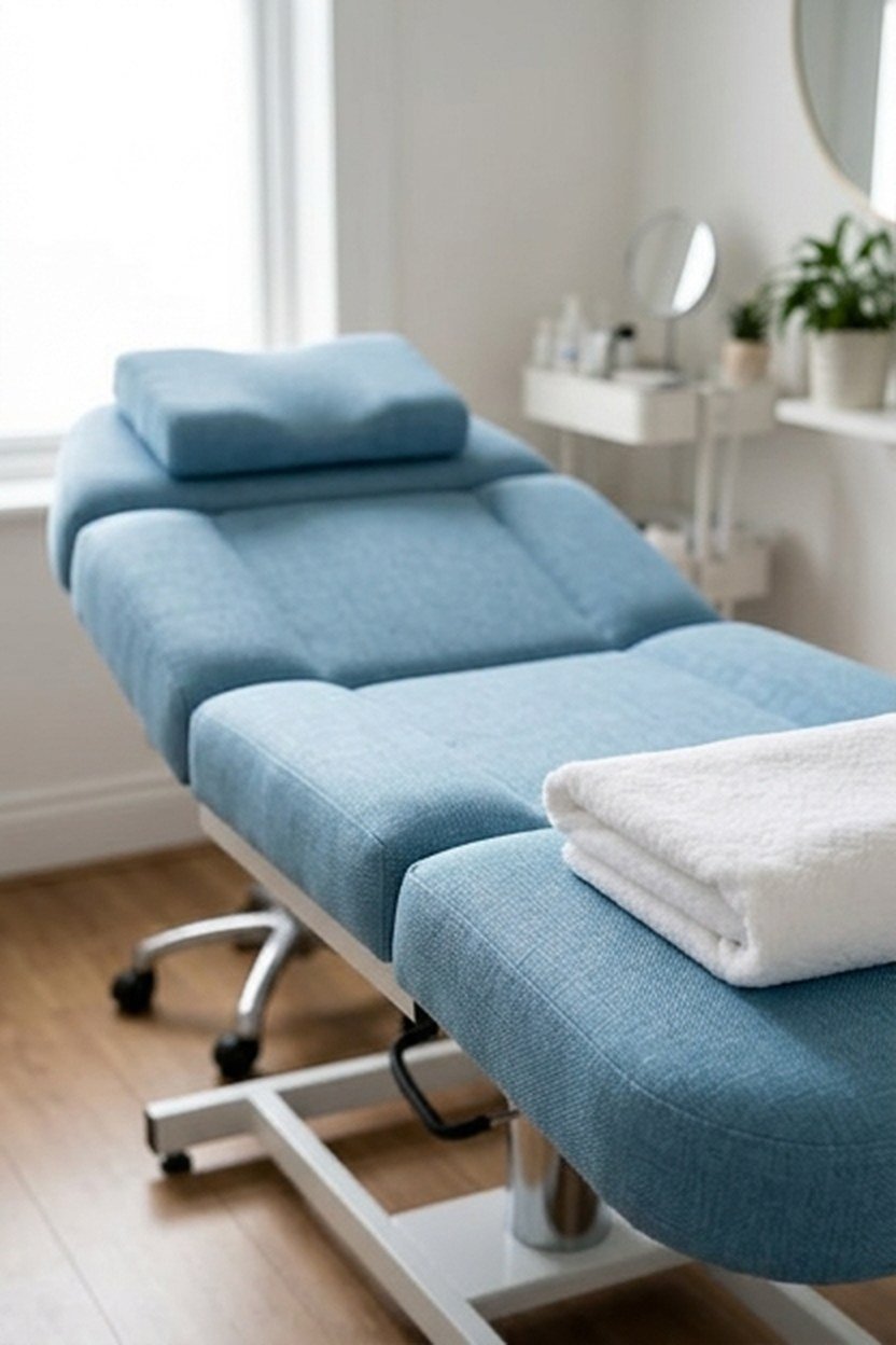 A sky blue upholstered lash bed in a treatment room