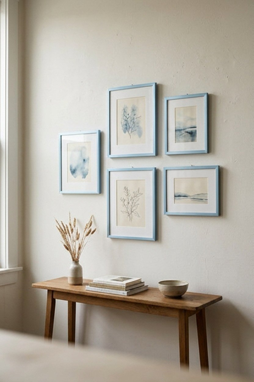 Sky blue framed wall art displayed in a lash studio