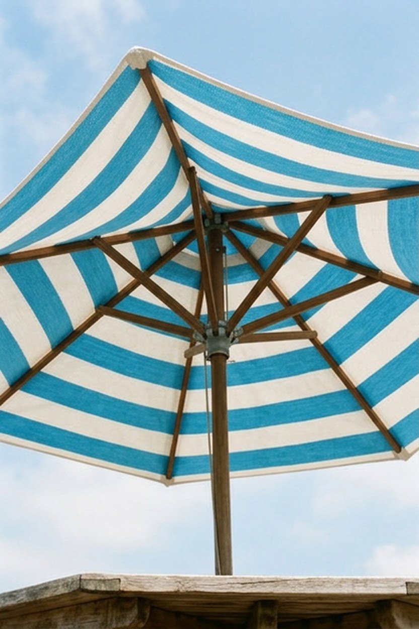 A sky blue and white striped umbrella over a patio dining table