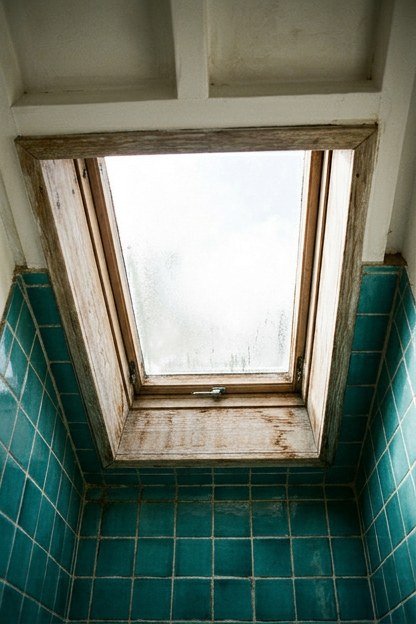 A skylight positioned above a shower zone in a teal attic bathroom