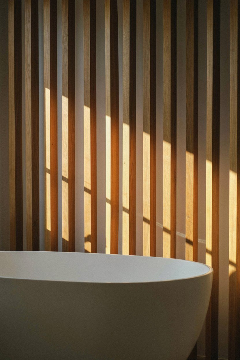 Vertical slatted oak panel fitted behind a freestanding bath