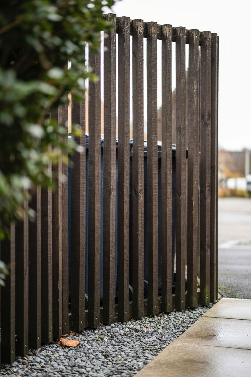 Slatted timber screen hiding bins beside a porch