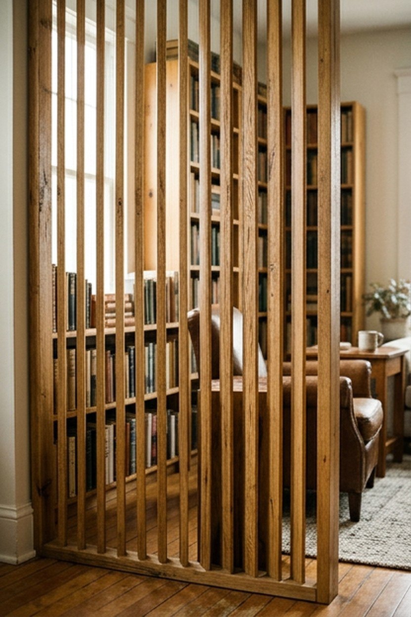 A slatted wood room divider screen defining a library space