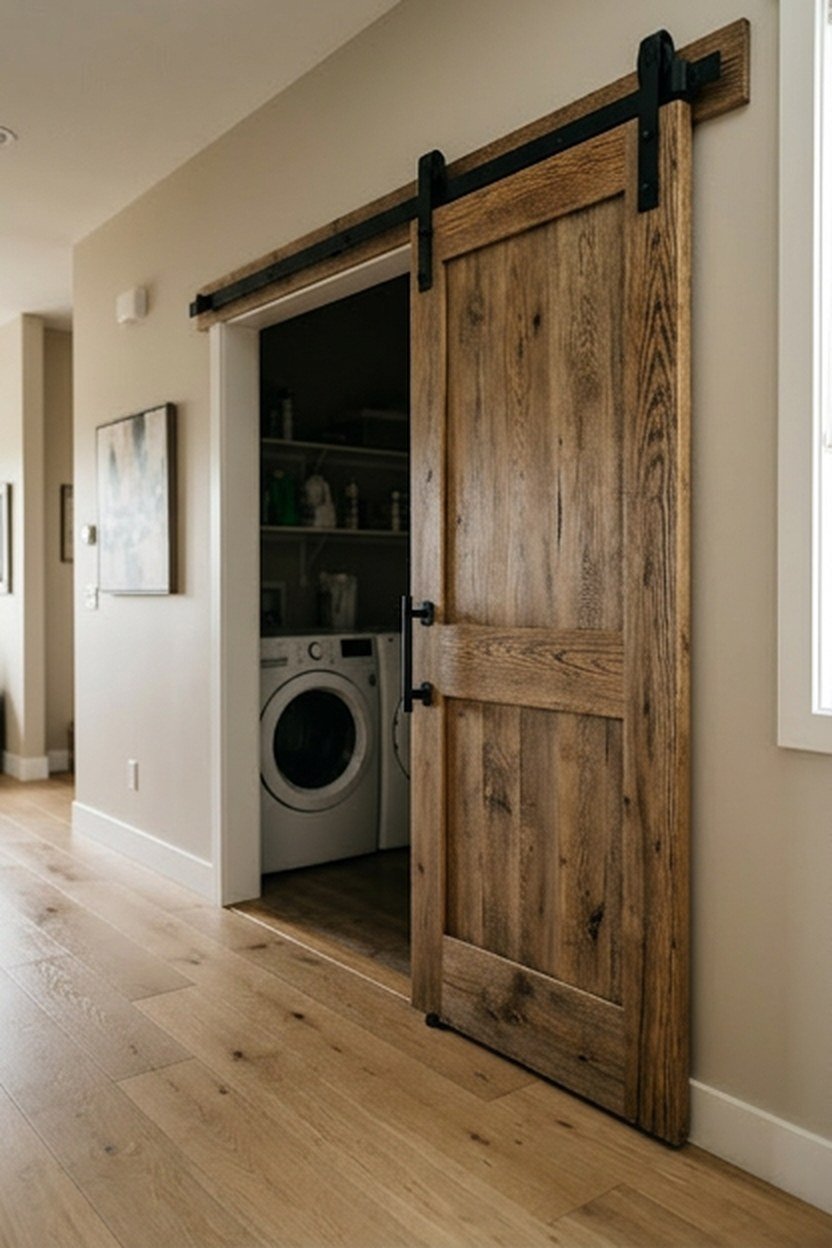 A sliding wood barn door at a laundry room entrance