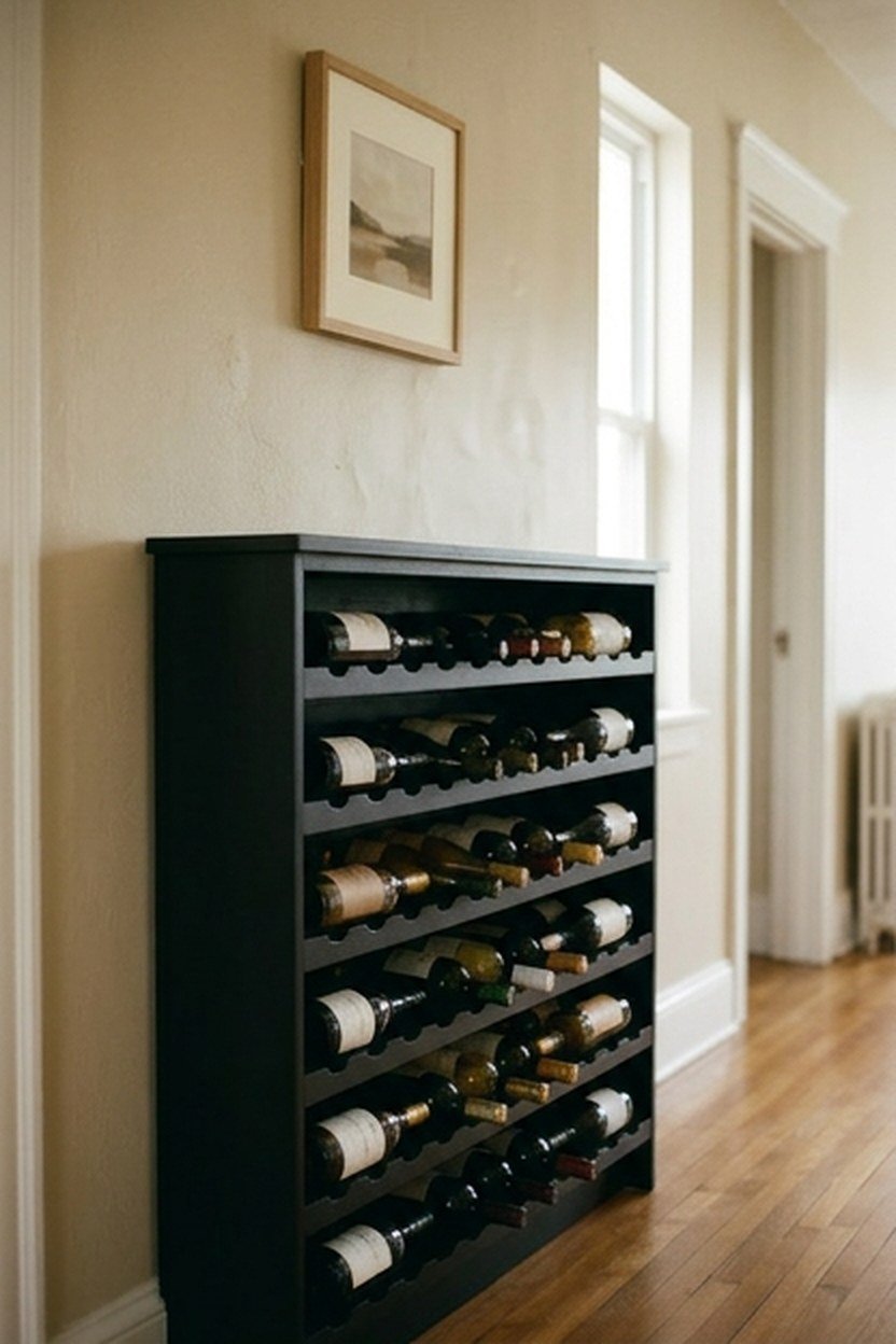 A slim matte black console with built-in horizontal wine storage