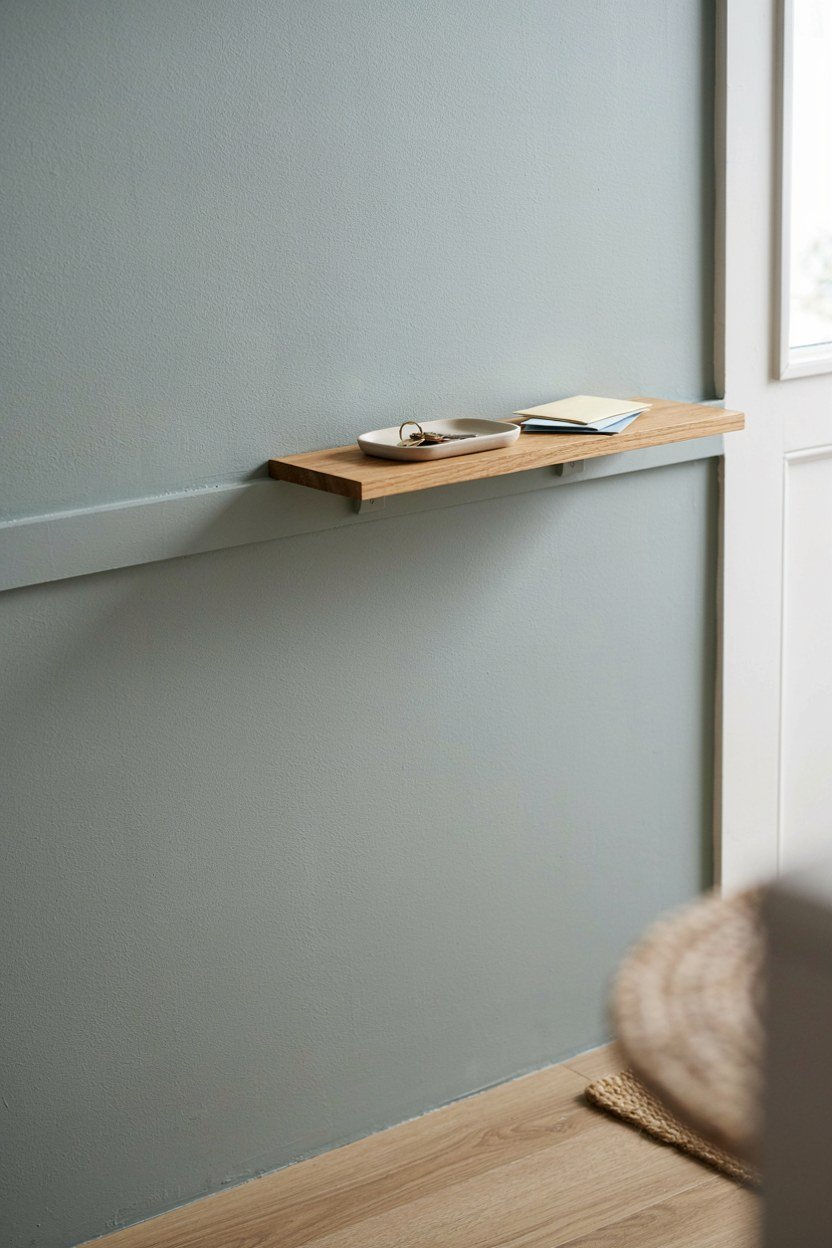 Slim floating oak shelf holding a key tray above a sage wall