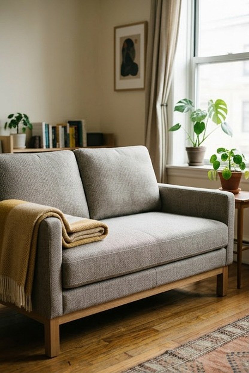 A slim profile sofa bed in a studio apartment living area