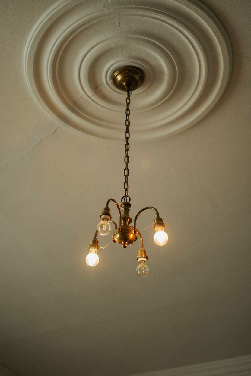 A small glass chandelier hanging from a plaster ceiling rose in a dressing room