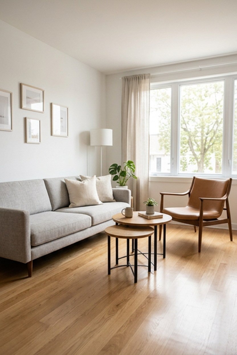 Small living room furniture arrangement with a slim sofa, one chair and nesting tables
