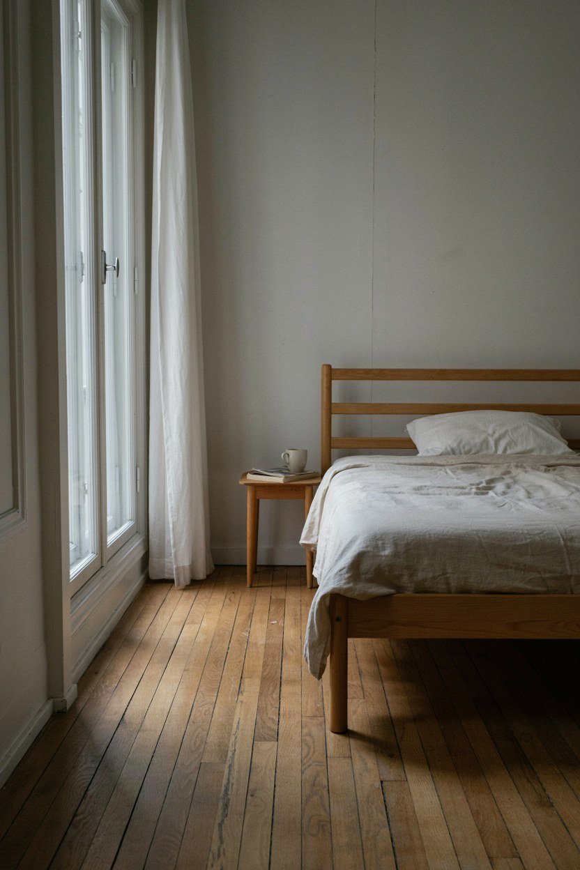 Low bed placed on the solid wall opposite a bedroom window