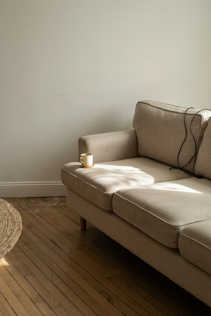 Low sofa floated a few inches off the wall showing a shadow line behind