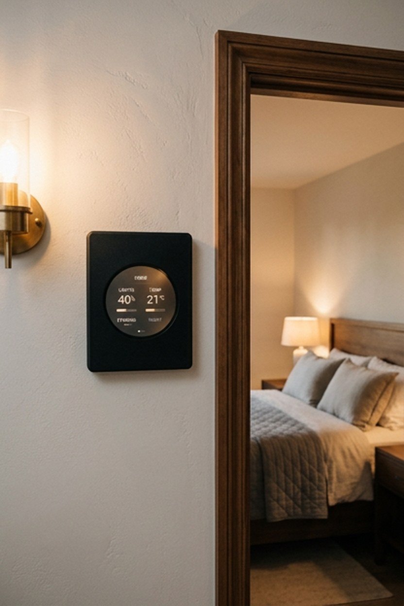 Integrated smart home lighting controls in a luxury bedroom wall
