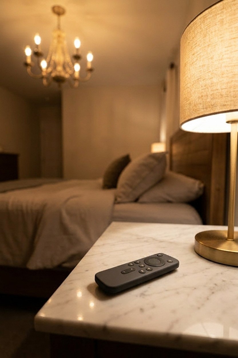 A smart chandelier with remote control glowing in a bedroom