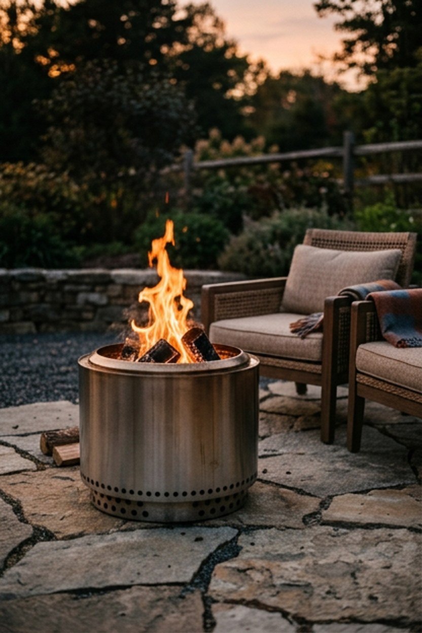 A smokeless double wall fire pit burning cleanly in a backyard