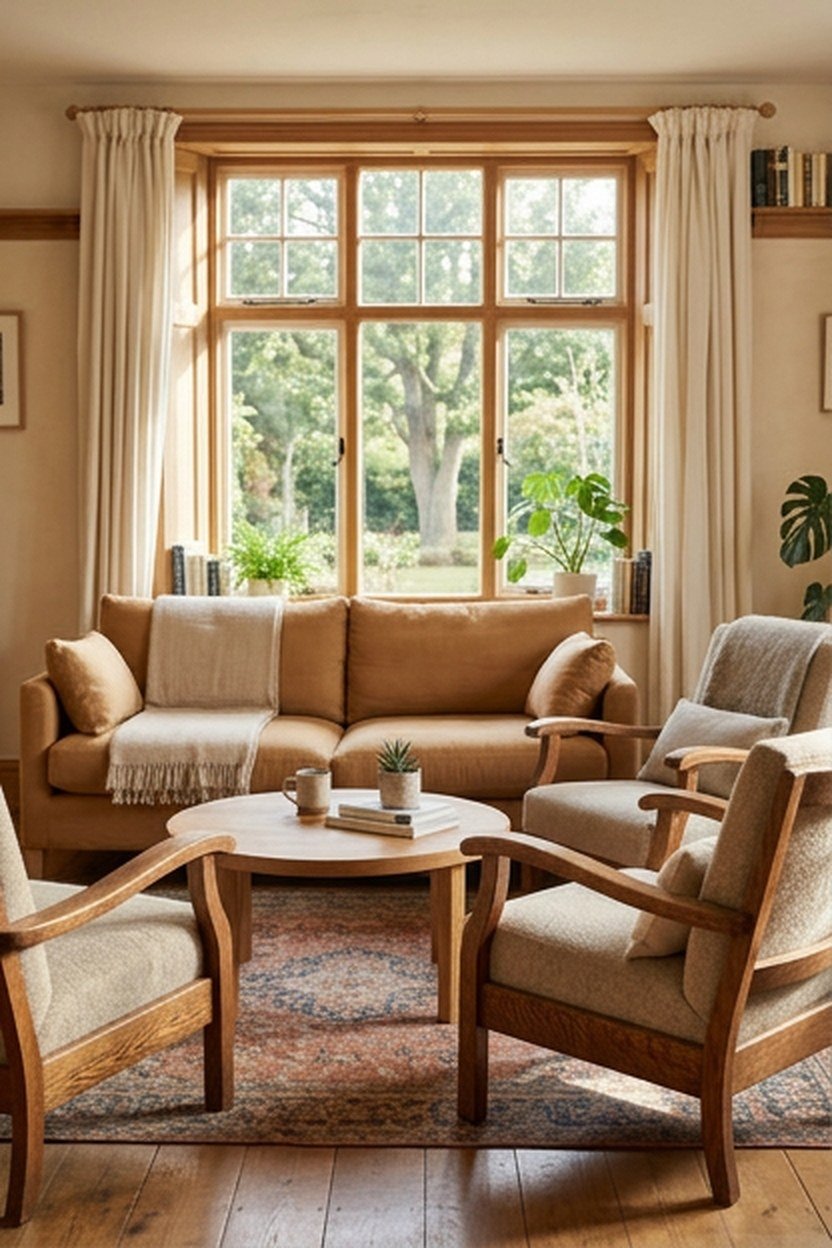 Sofa with two slightly angled armchairs arranged for conversation