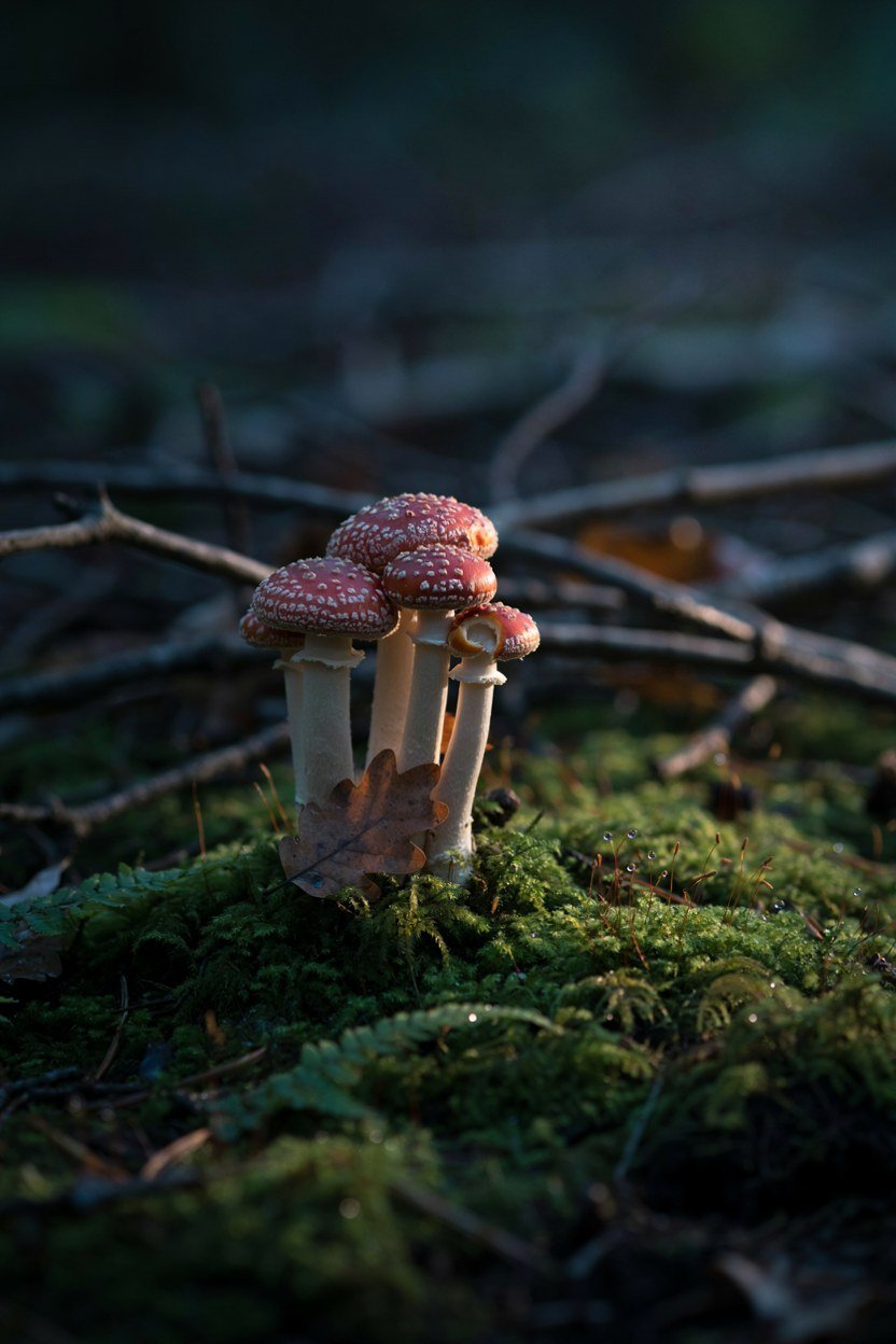 Low warm solar light raking sideways across toadstools at dusk