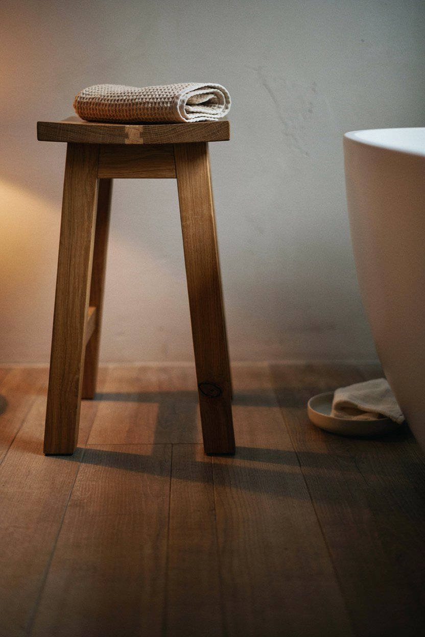 Solid oak stool with a through tenon joint standing beside a bath