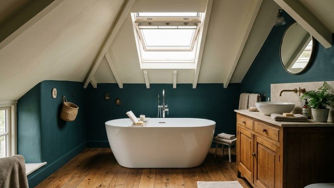 A spa style teal attic bathroom with a sloped ceiling freestanding tub and skylight